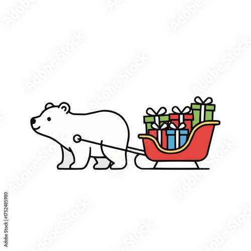 Charming polar bear pulling sleigh full of colorful christmas gifts vector illustration