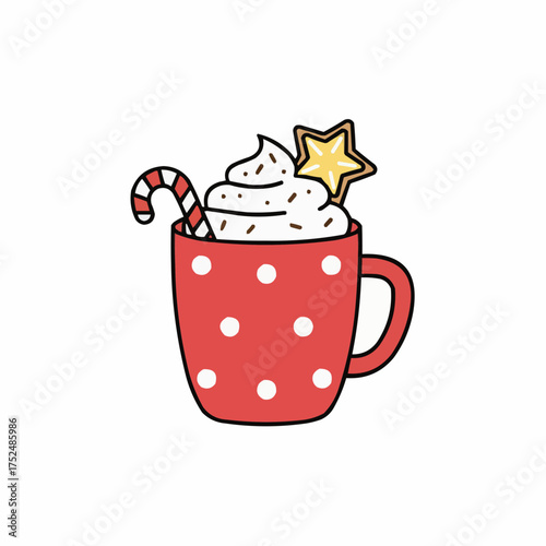Charming hand drawn vector illustration of a festive red polka dot mug filled with whipped cream candy cane and star