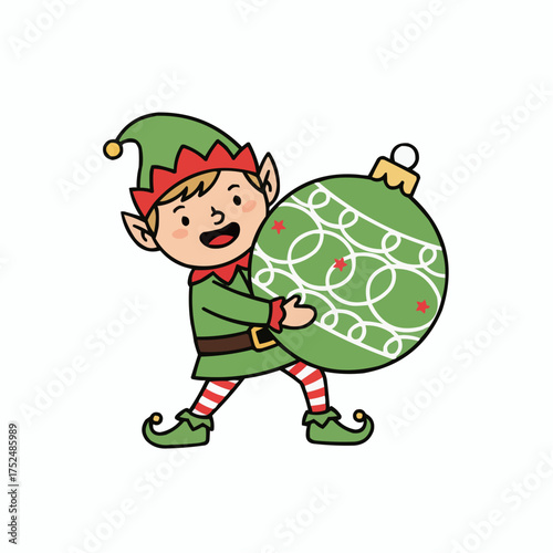 Adorable christmas elf character holding a large festive green bauble for holiday celebrations