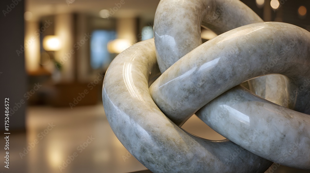 Naklejka premium Polished marble knot sculpture displays elegance in a softly lit environment.