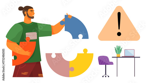 Man holding puzzle pieces in vibrant colors, triangular alert sign, desk with chair, and potted plant. Ideal for problem-solving, teamwork, caution, focus strategy creativity workflow. Simple flat