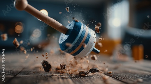 A wooden spinning top in motion, scattering dust and debris.