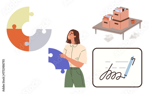 Woman holding a puzzle piece, organizational boxes with folders, scattered papers, and a signing gesture. Ideal for problem-solving, organization, teamwork, creativity, planning productivity simple