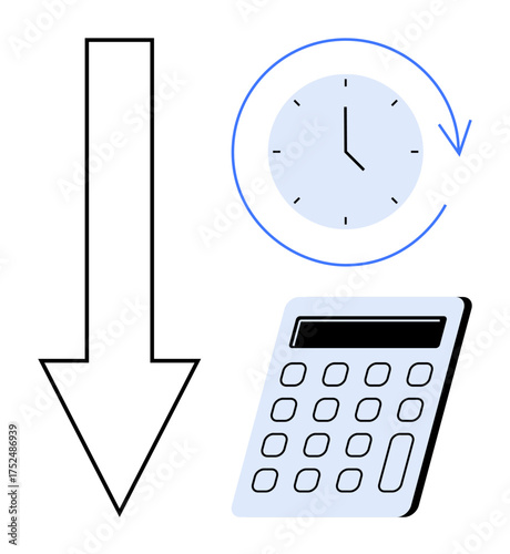 Downward arrow, clock with rotating arrow, calculator represent saving time and cost. Ideal for finance, productivity, efficiency, time management, budgeting optimization workflow. Simple flat