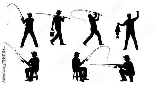 Fisherman vector silhouettes isolated on white background
