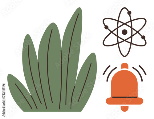 Green leaves, atomic structure, and ringing alarm bell combine in a conceptual design. Ideal for science, environment, urgency, technology, learning awareness and innovation themes. Bold simple