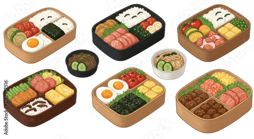 An assortment of Japanese bento boxes filled with delicious and colorful meals