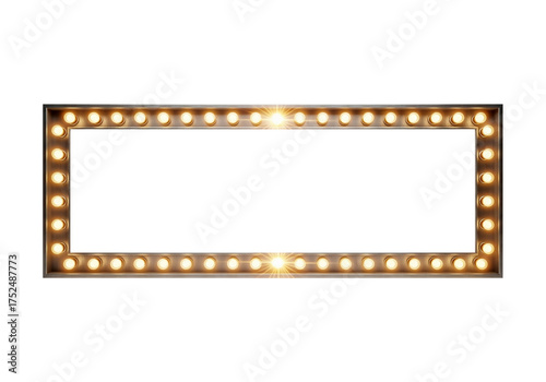 Vintage marquee light bulb sign with a glowing retro border. Realistic empty cinema premiere frame isolated on a white background
