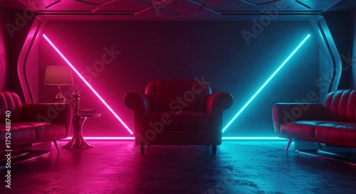 a room with two chairs, a table and a lamp