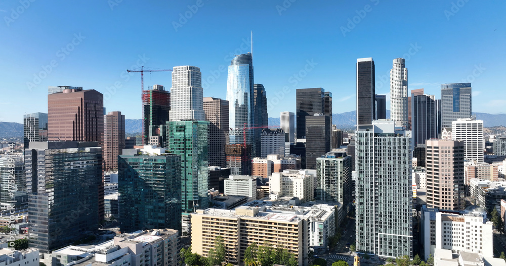Fototapeta premium Aerial drone view of Los Angeles. LA cityscape. America, USA, California LA city theme.