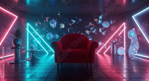 a red chair in a room with neon lights