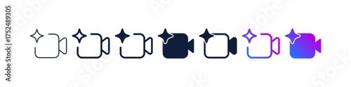 AI video camera or smart recording icon sparkle stars symbol. Generative, generated AI logo gradient. for Artificial intelligence, intelligent media, video creation, optimization, or special effects