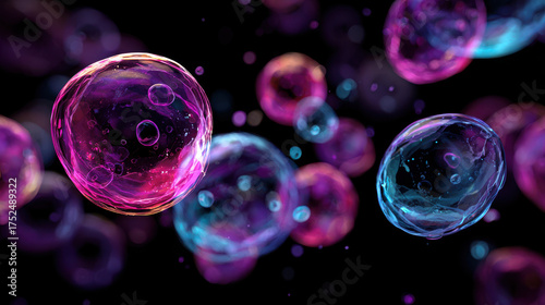 Synthetic life creation showcases vibrant bubbles in dark background, illustrating beauty of microscopic organisms and their colorful essence