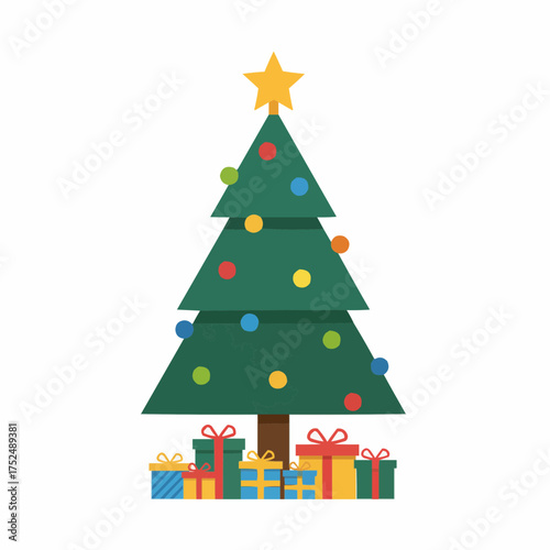 Festive christmas tree decorated with colorful ornaments and gifts below