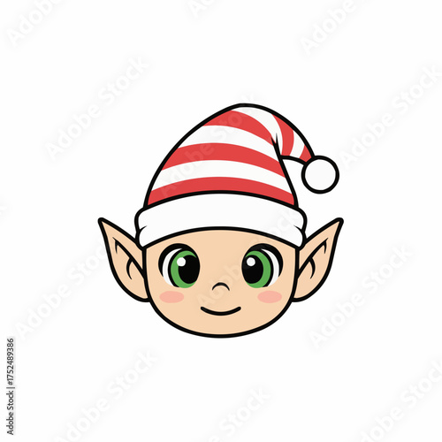 Cute cartoon elf face with green eyes and red and white striped hat
