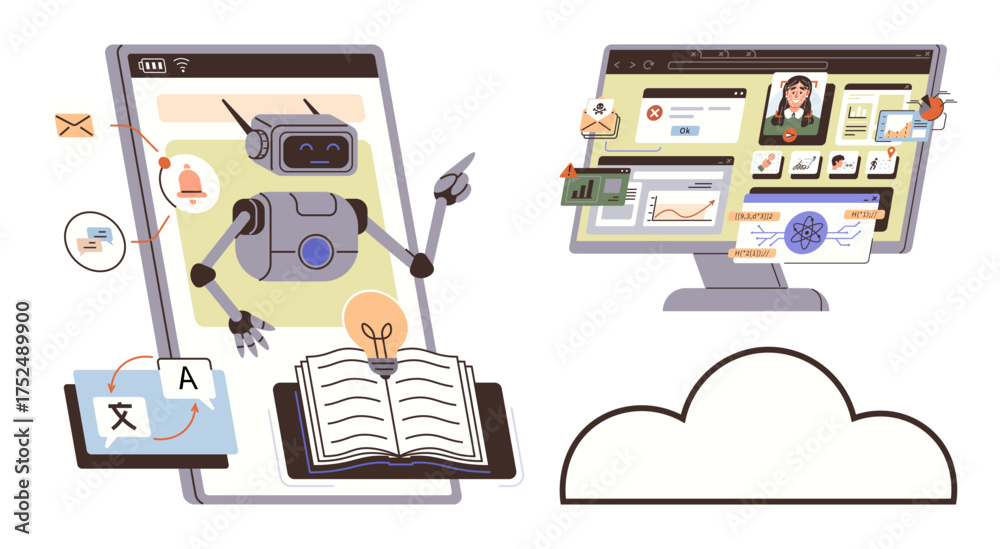 Fototapeta premium Robot interacting with an open book and screen, translating, analyzing desktop displaying digital files and learning interfaces. Ideal for online learning, AI tools, data processing, education