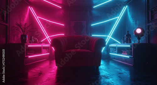 a chair in a dark room with neon lights