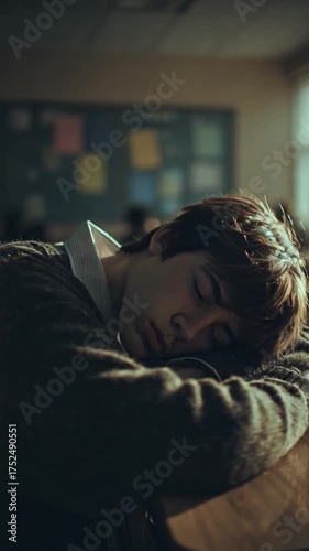 Male high school student asleep on his desk, concept of fatigue and exhaustion during teenage years