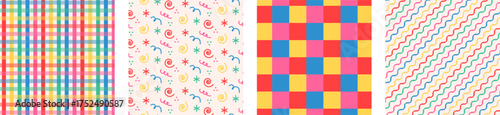 Colorful seamless patterns with cheerful party style, including confetti, stripes, and checkered designs for festive, fun, and kids’ creative projects.