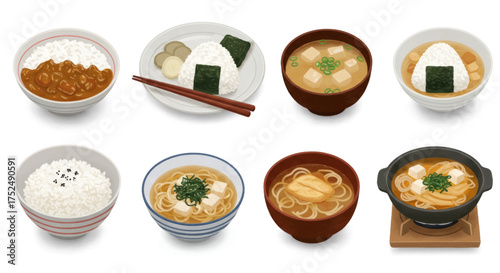 Delicious Japanese Food Assortment Rice, Onigiri, Miso Soup, and Curry