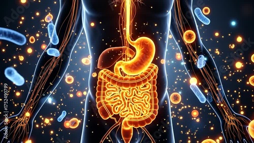 Transparent 3D human silhouette with illuminated digestive system and floating glowing microbiome particles on dark background