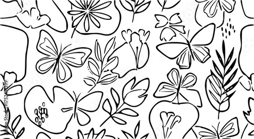 Flat minimal butterfly pattern vector, inspired by Malaysian rainforest nature, abstract floral and leaf motifs, smooth lines, harmonious color combination, suitable for textile print