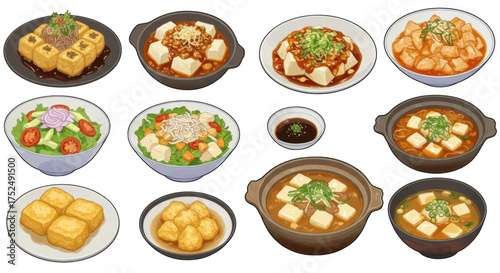 Collection of various Japanese tofu dishes, offering a diverse range of culinary presentations