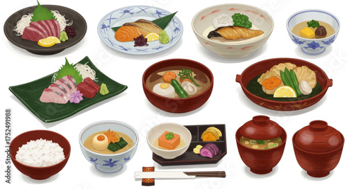 Japanese Cuisine Assortment A Diverse Collection of Traditional Dishes and Ingredients