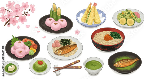 A Delicious Collection of Traditional Japanese Food Items, Including Delicate Sweets, Savory Fish, and Refreshing Green Tea