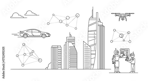 Futuristic cityscape with autonomous car, drone, connected devices, and robots collaborating in a modern, tech-driven world of automation and innovation
