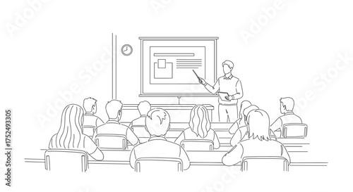Dynamic classroom scene of professor teaching students, perfect for educational resources and course materials illustrating lectures and learning environments