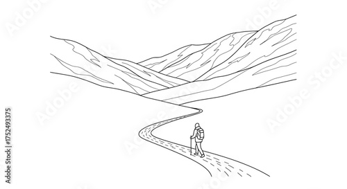 Find your path with this inspiring illustration of a lone hiker enjoying the freedom of the open road through majestic mountains and scenic landscapes