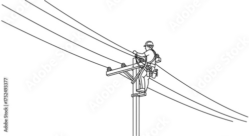 Dedicated lineman atop utility pole repairing power lines, ensuring energy infrastructure for homes and businesses, highlighting skilled trades and safety