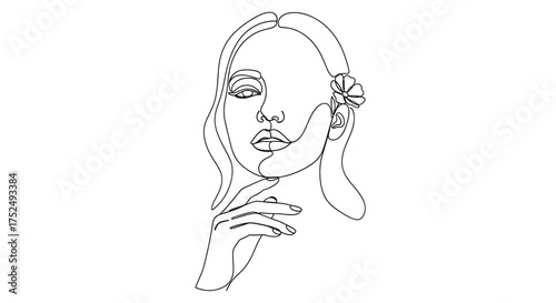 Elegant one-line drawing of a woman's face with flower, perfect for a minimalist aesthetic or beauty brand, with clean lines and modern appeal