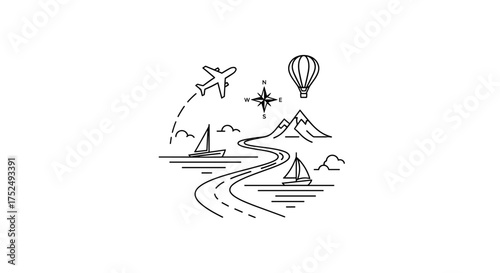 Plan your next adventure with this stunning travel icon featuring a plane, hot air balloon, sailboats, and mountains for a modern wanderlust design