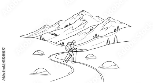 Inspiring line art of a hiker on a mountain trail with pine trees, perfect for adventure blogs, travel guides, and outdoor themed coloring books for adults