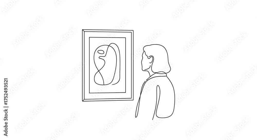 Fototapeta premium Elegant minimalist line art of woman viewing modern abstract art in gallery, perfect for creative projects and sophisticated designs needing a touch of artistry