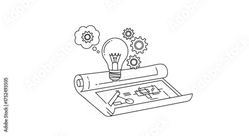 Innovative blueprint design with bright idea and gears, perfect for engineering, architecture and creative problem solving concepts in modern line art