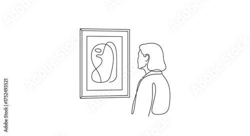 Elegant minimalist line art of woman viewing modern abstract art in gallery, perfect for creative projects and sophisticated designs needing a touch of artistry