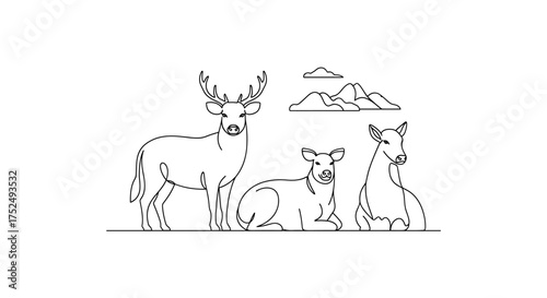 Elegant minimalist illustration of a deer family with mountains, perfect for branding, logos, and nature-themed designs with a modern, clean aesthetic