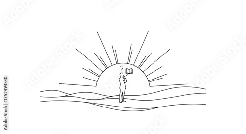 Lost in thought with a book, silhouetted against the sun, a concept for study, learning, or problem solving in a minimalist and modern style