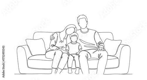 Loving family of three embracing on couch, showcasing modern family values with minimalist style, perfect for illustrating connection and togetherness