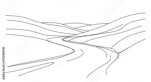 Minimalist landscape drawing of a winding road through rolling hills, perfect for serene backgrounds and creative projects, ideal for contemplative designs