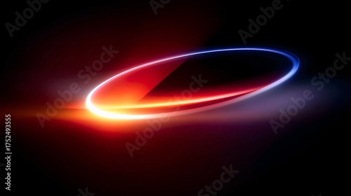 Abstract glowing oval shape with red and blue light trails on black background.