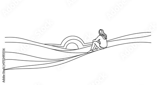 Serene minimalist line art showing woman gazing at horizon, perfect for wellness brands or peaceful mindfulness moments, evoking calm and contemplation
