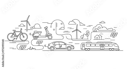 Eco-friendly transport options showing bike, scooter, electric car, train, wind turbines, solar panels in a modern line art concept for sustainability