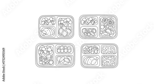 Healthy meal prep container ideas with chicken, broccoli and veggies for lunch or dinner planning, easy recipes for diet, food outline concept