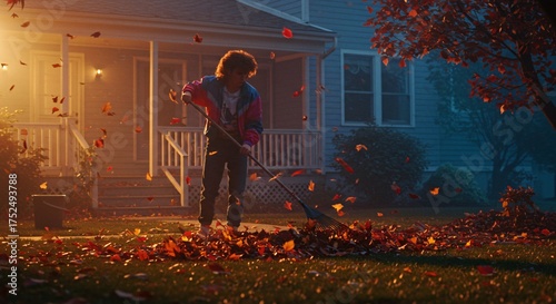 a woman in a yard with a leaf blower