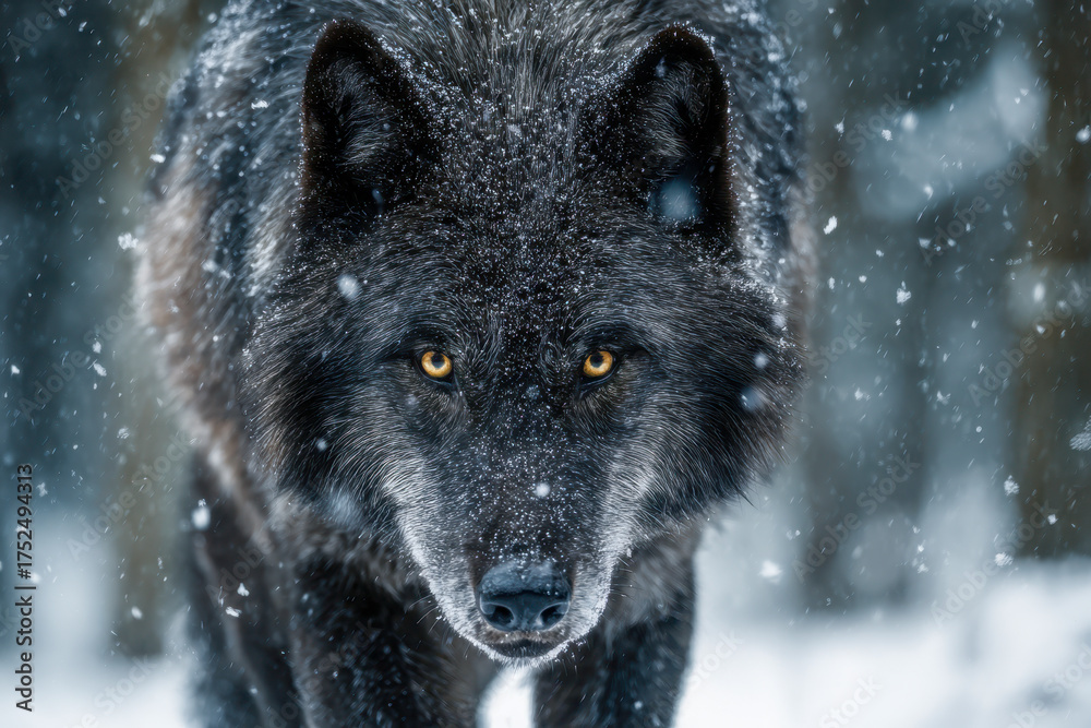 Naklejka premium Intense black wolf with piercing golden eyes walking through falling snow in a cold, winter forest environment with detailed fur and focused expression