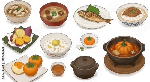 Japanese Cuisine A Delicious Spread of Traditional Meals and Autumn Harvest Delicacies